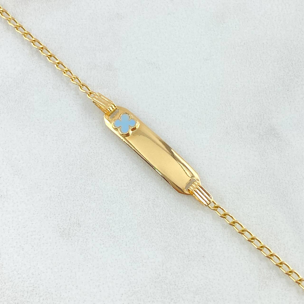 Pulso Bebé Espiga Placa Rectangula Trebol 1.7gr / 12cm-14cm / 1.6mm Resina Azul Graduable Oro Amarillo 18K