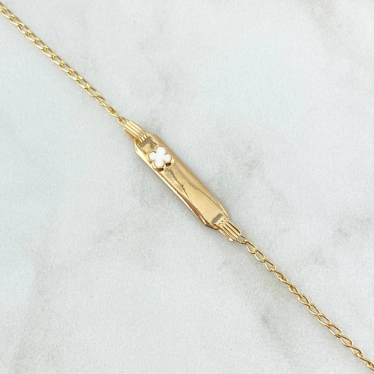 Pulso Bebé Espiga Placa Rectangular Trebol 1.85gr / 13cm-14cm / 1.6mm Resina Blanca Graduable Oro Amarillo 18K *