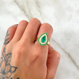 Halo Ring Thick Drop 6.45gr / T6 1/4 / Emeralds 1.13 Qts Diamonds 34pts 18K Yellow Gold (Jewel) ©
