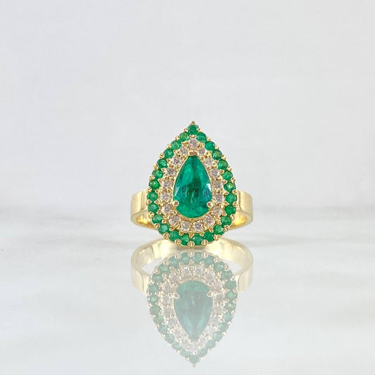 Halo Ring Thick Drop 6.45gr / T6 1/4 / Emeralds 1.13 Qts Diamonds 34pts 18K Yellow Gold (Jewel) ©