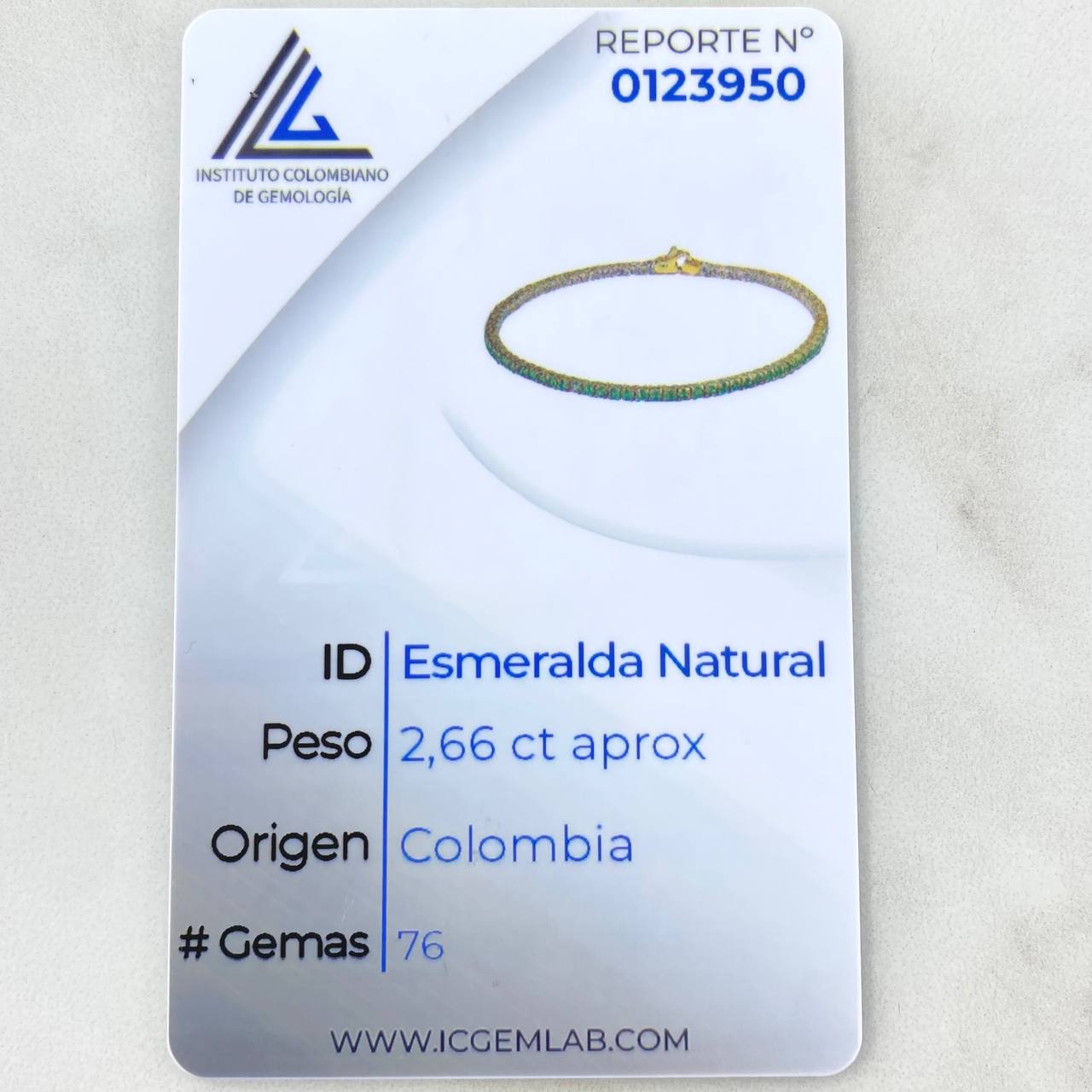 Pulso Tennis Doble Faz 7.55gr / 19cm / 2.2mm Esmeraldas 2.66 Qts Circones Blancos Oro Amarillo 18K (Joya) ©