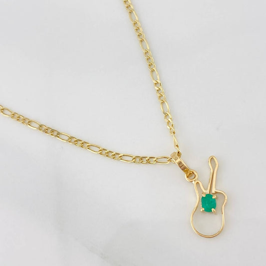 Set Figaro Chain + Violin Pendant Emerald 0.11 pts / 1.9g / 18 in Yellow Gold 18K