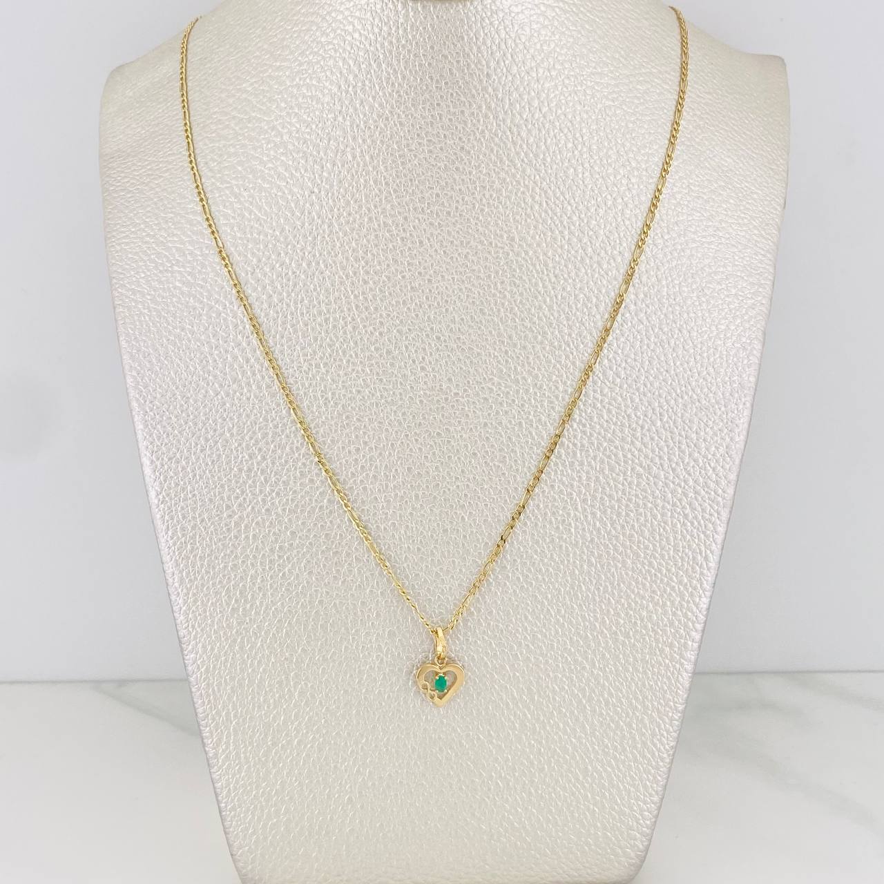 Set Figaro Chain + Emerald Heart Pendant 0.07 pts / 1.75g / 18 in Yellow Gold 18K