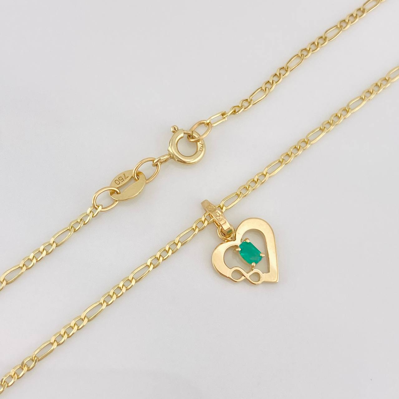 Set Figaro Chain + Emerald Heart Pendant 0.07 pts / 1.75g / 18 in Yellow Gold 18K