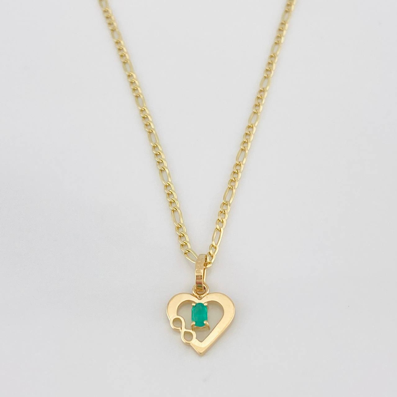 Set Figaro Chain + Emerald Heart Pendant 0.07 pts / 1.75g / 18 in Yellow Gold 18K