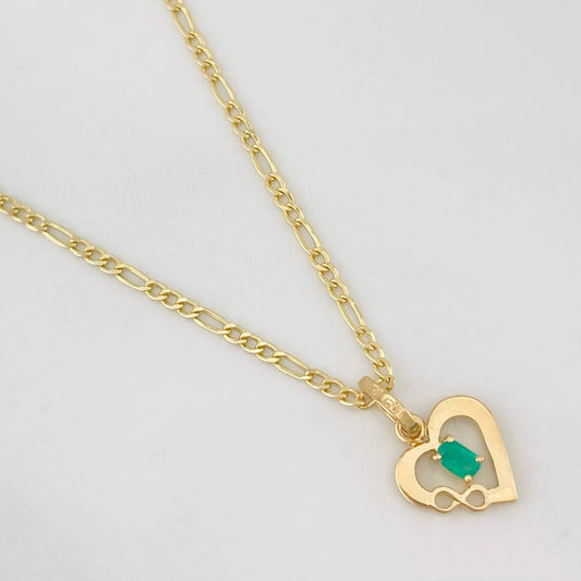 Set Figaro Chain + Emerald Heart Pendant 0.07 pts / 1.75g / 18 in Yellow Gold 18K