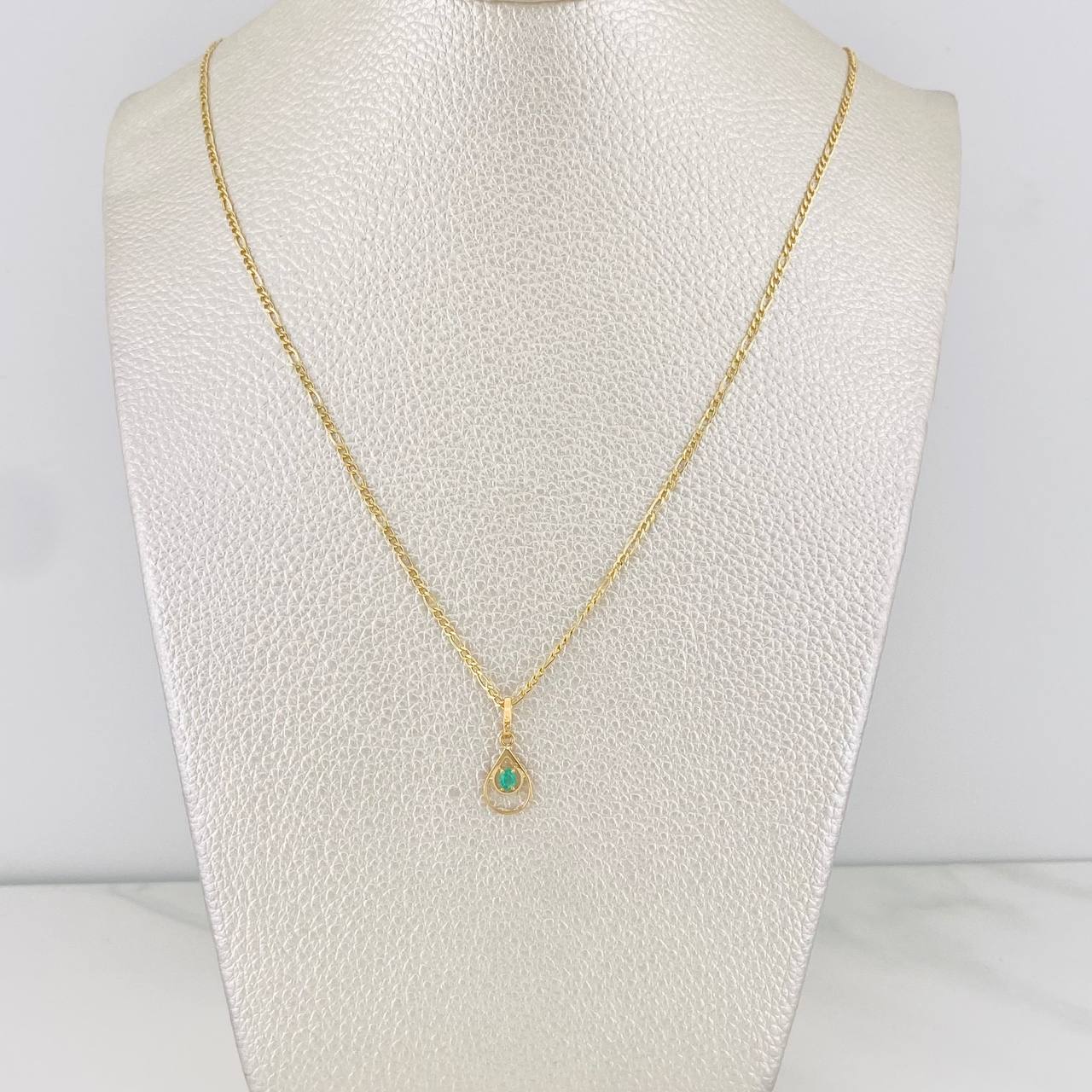 Set Figaro Chain + Emerald Drop Pendant 0.07 pts / 1.8g / 18 in Yellow Gold 18K