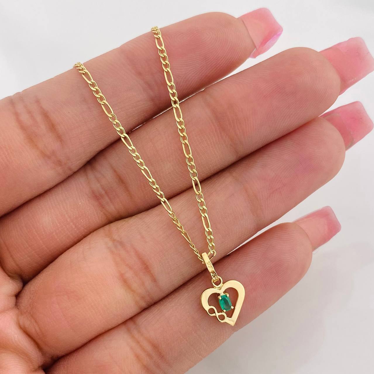 Set Figaro Chain + Emerald Heart Pendant 0.07 pts / 1.75g / 18 in Yellow Gold 18K