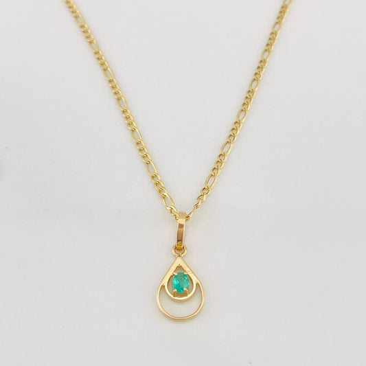 Set Figaro Chain + Emerald Drop Pendant 0.07 pts / 1.8g / 18 in Yellow Gold 18K