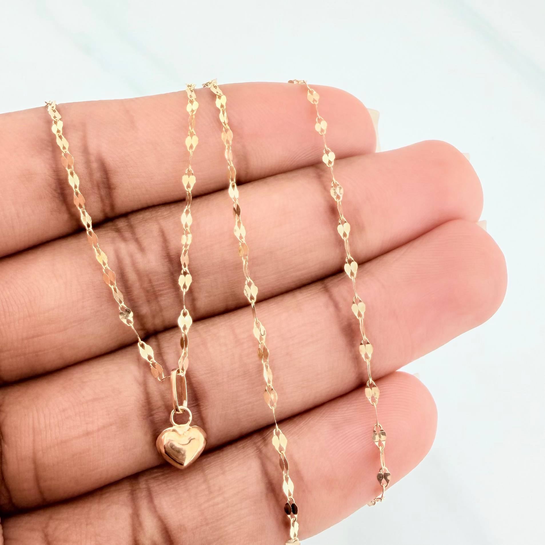 Set Mirror Flower Chain + Heart Pendant / 1.15gr / 17 3/4 in 18K Yellow Gold