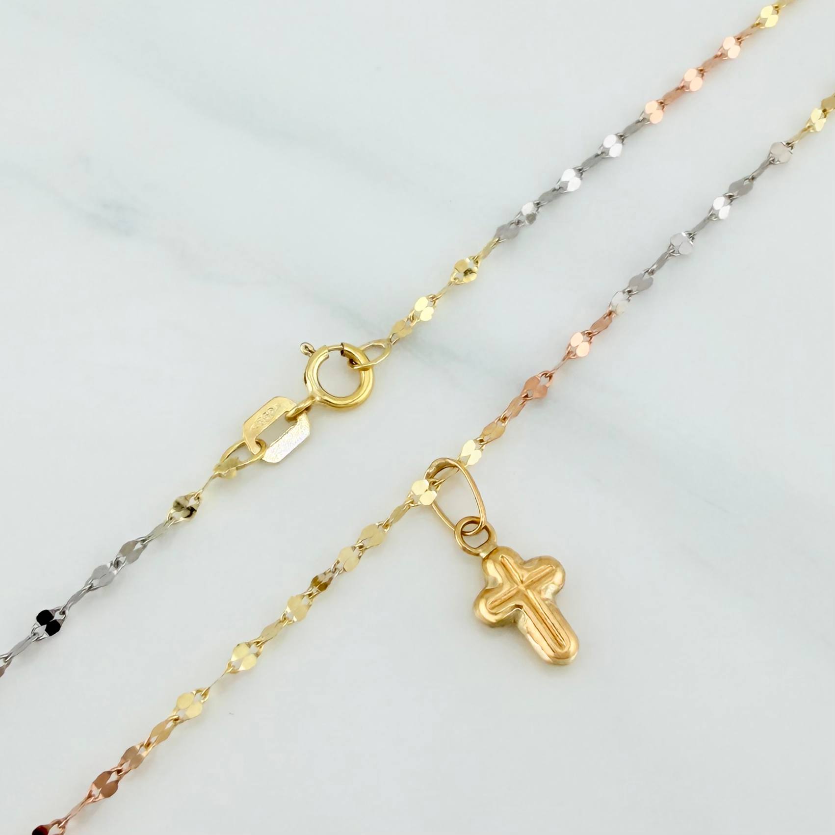 Set Mirror Flower Chain + Pendant Cross / 1.2gr / 17 3/4 in Three Golds 18K