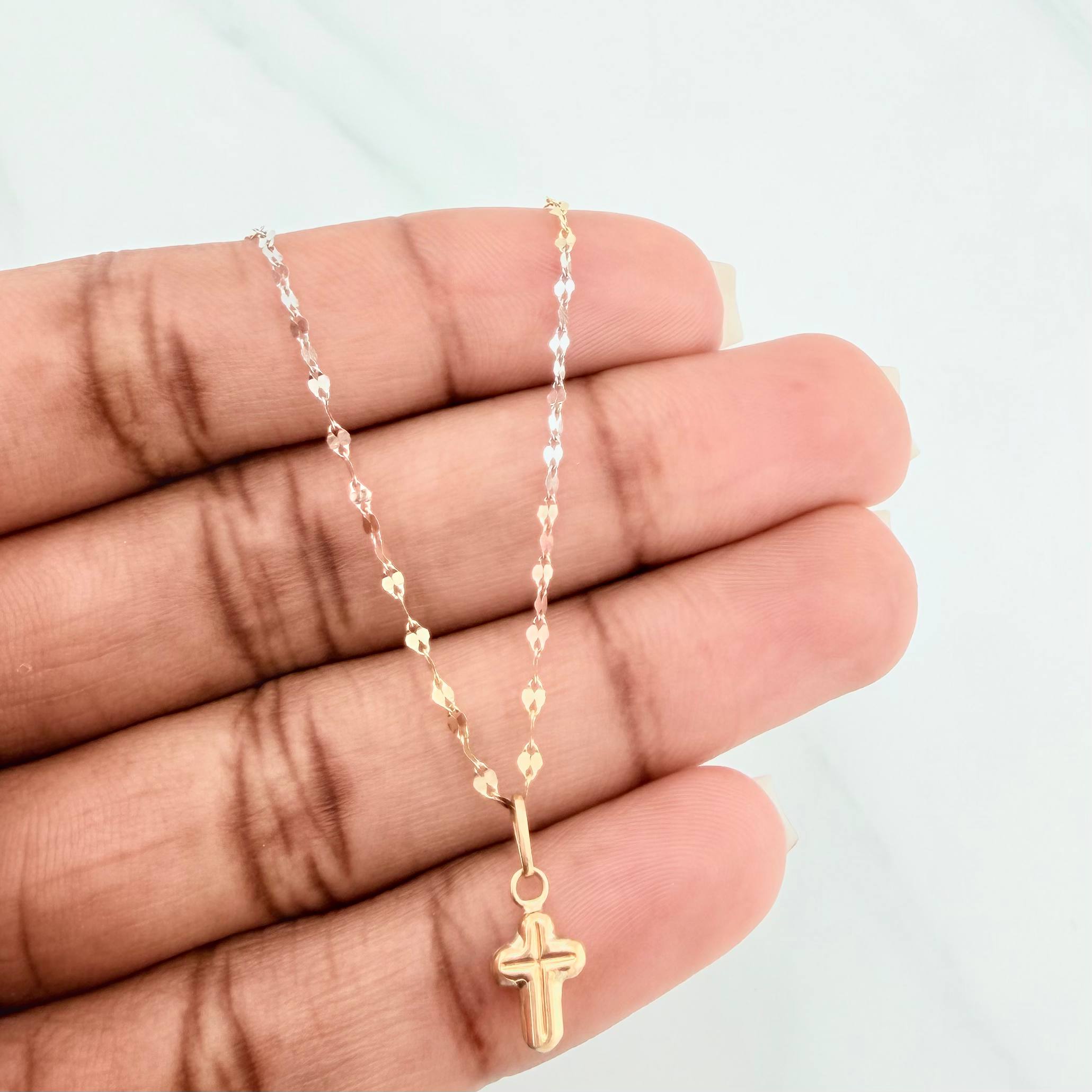 Set Mirror Flower Chain + Pendant Cross / 1.2gr / 17 3/4 in Three Golds 18K