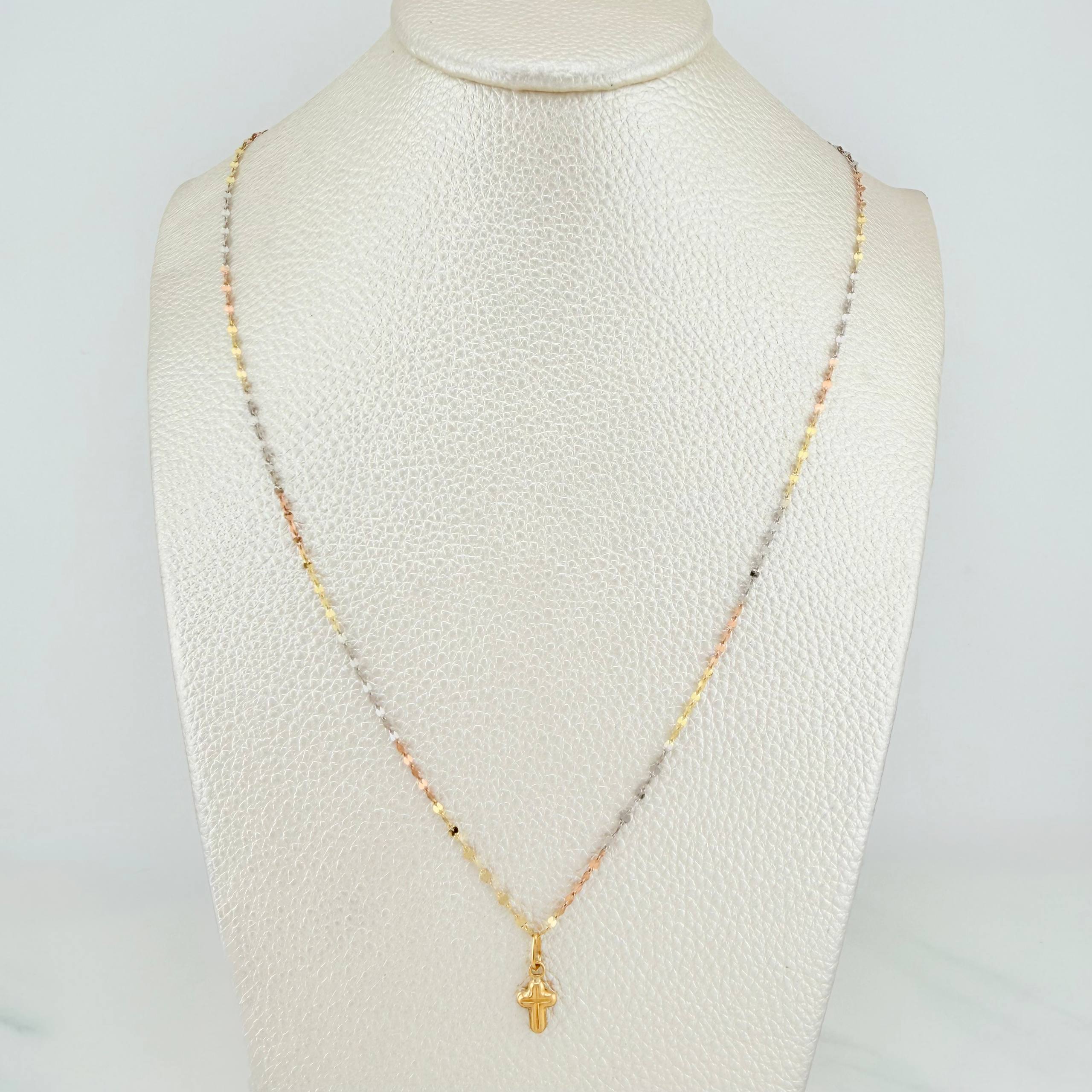 Set Mirror Flower Chain + Pendant Cross / 1.2gr / 17 3/4 in Three Golds 18K
