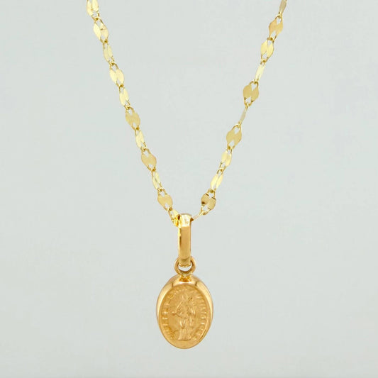Set Mirror Flower Chain + Pendant Virgin Mary Help of Christians / 1.25gr / 17 3/4 in 18K Yellow Gold