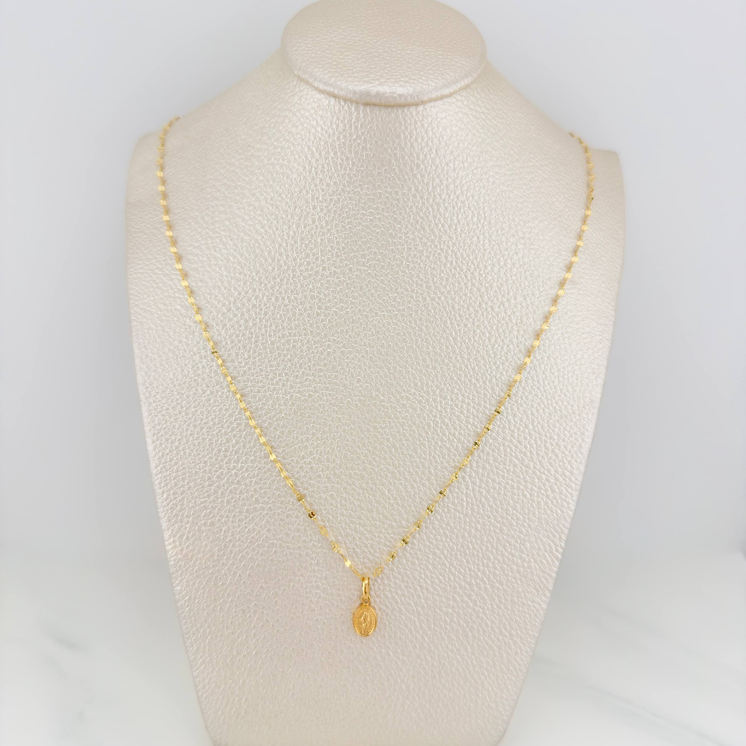 Set Mirror Flower Chain + Pendant Virgin Mary Help of Christians / 1.25gr / 17 3/4 in 18K Yellow Gold
