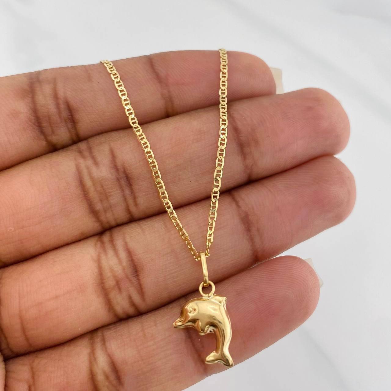 Set Flat Mariner Chain + Pendant Dolphin / 2.4gr / 19 1/2 in 18K Yellow Gold