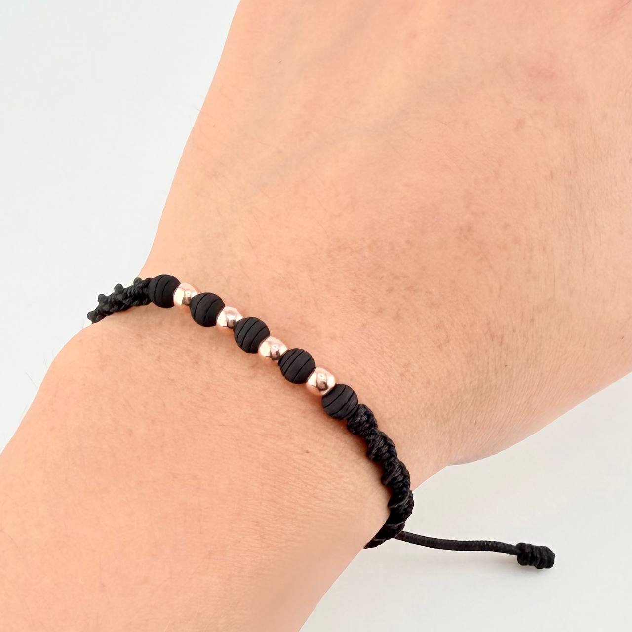 Black Woven Bracelet with Plain Rose Gold 18K Beads