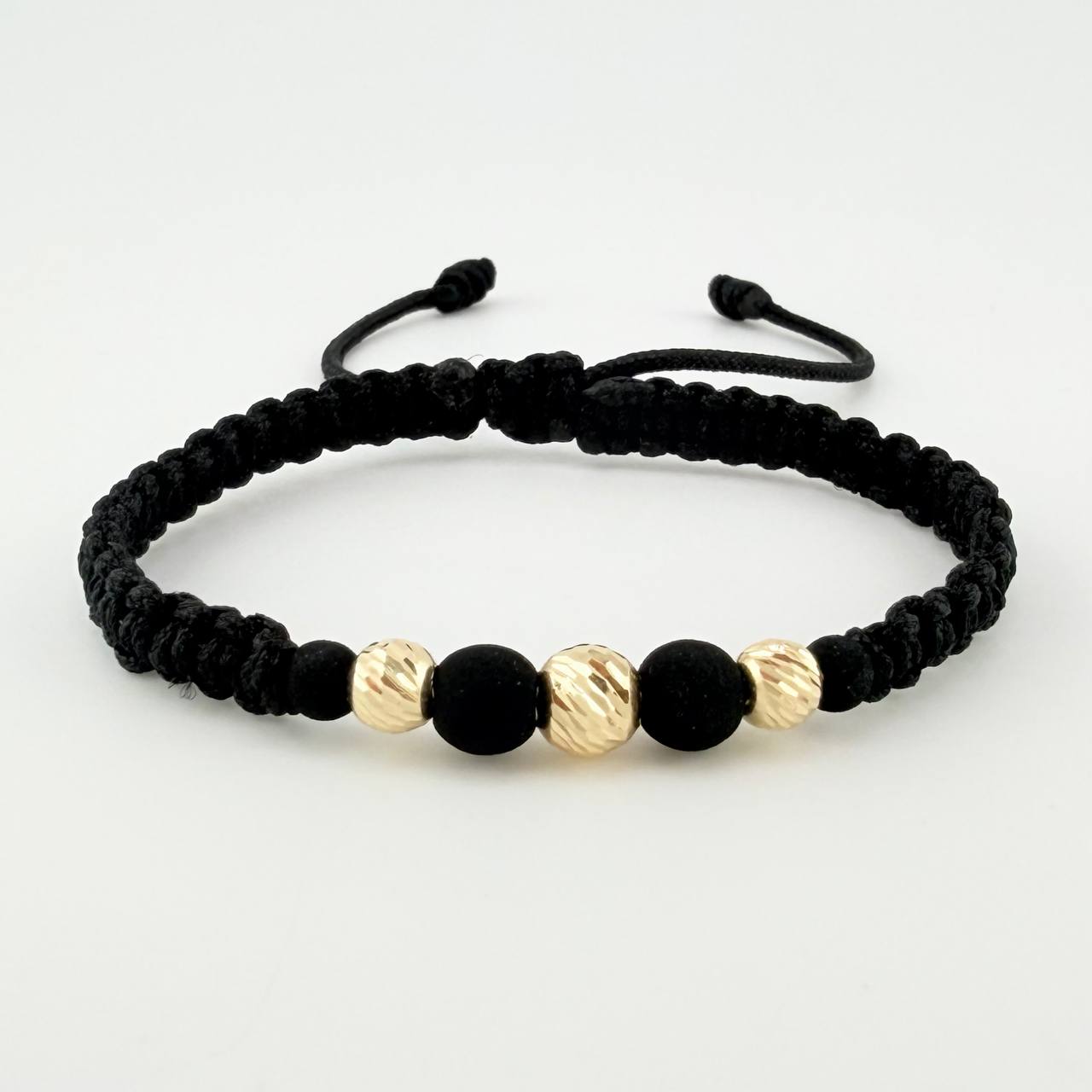 Black Woven Bracelet Neoprene Diamond Cut Beads Yellow Gold 18K