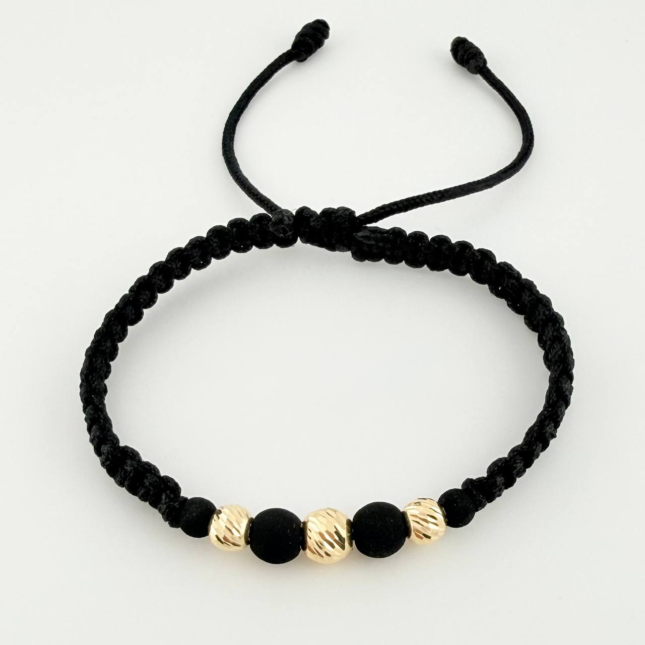Black Woven Bracelet Neoprene Diamond Cut Beads Yellow Gold 18K
