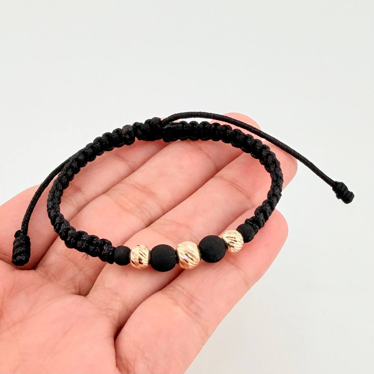Black Woven Bracelet Neoprene Diamond Cut Beads Yellow Gold 18K