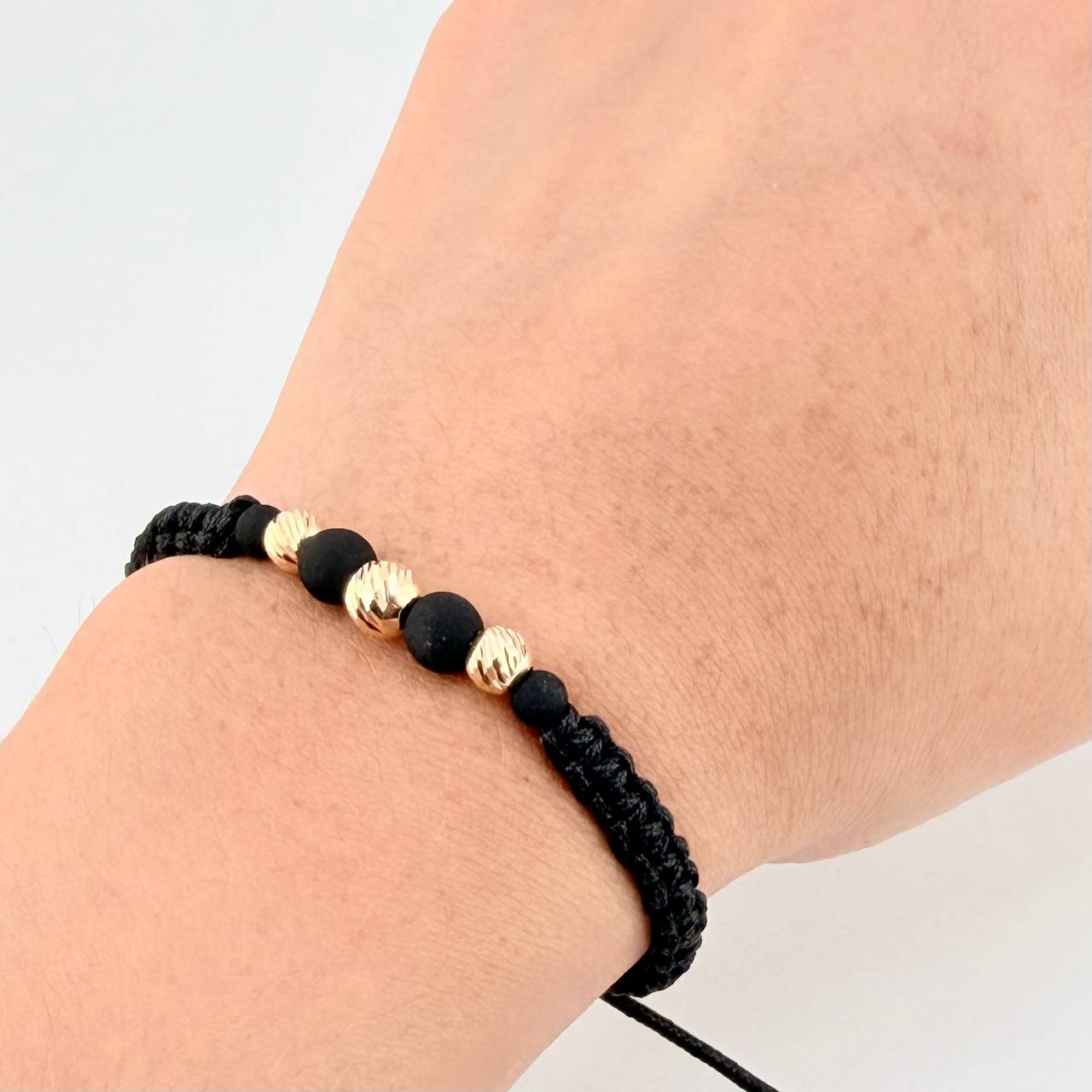 Black Woven Bracelet Neoprene Diamond Cut Beads Yellow Gold 18K