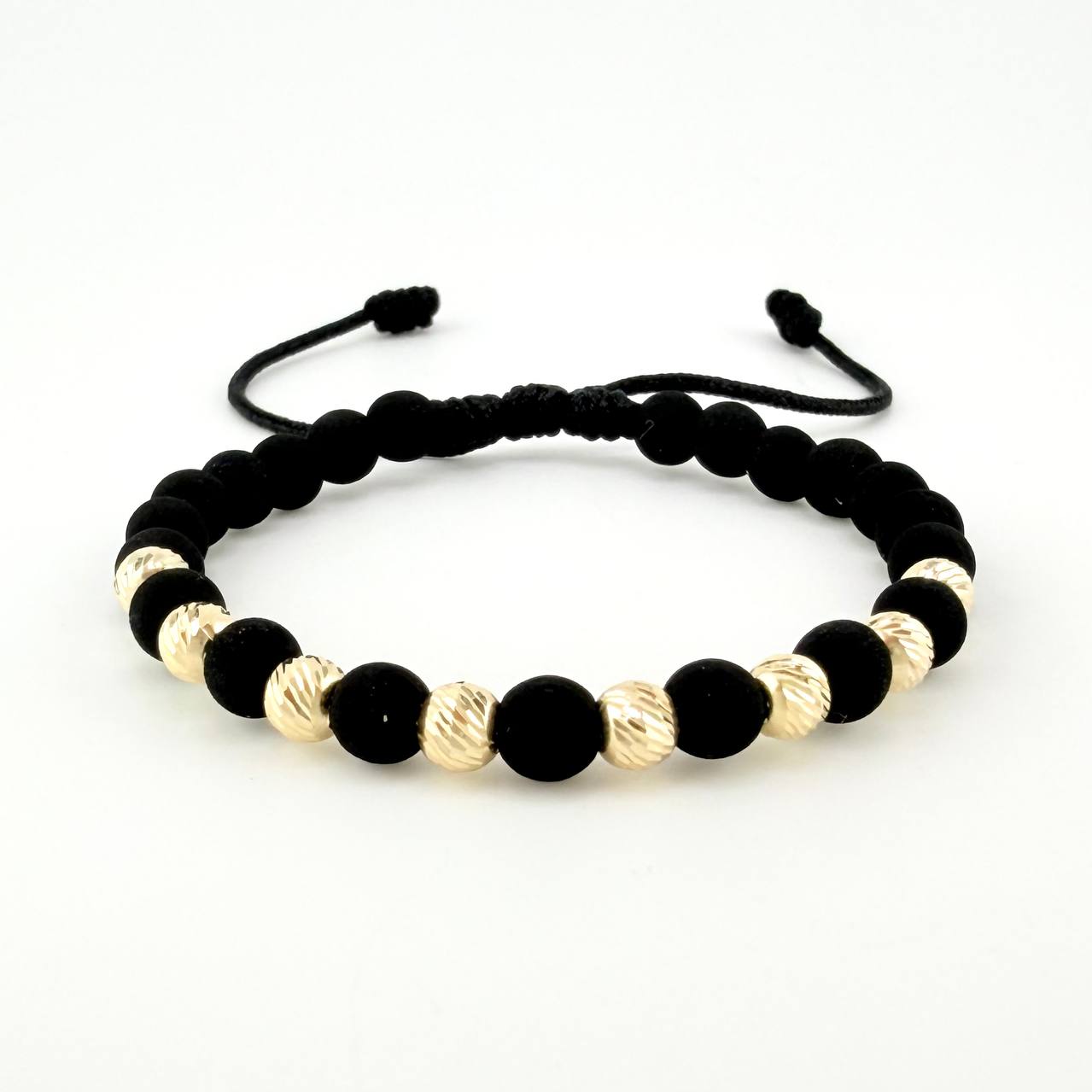 Black Woven Bracelet Neoprene Diamond Cut Beads Yellow Gold 18K