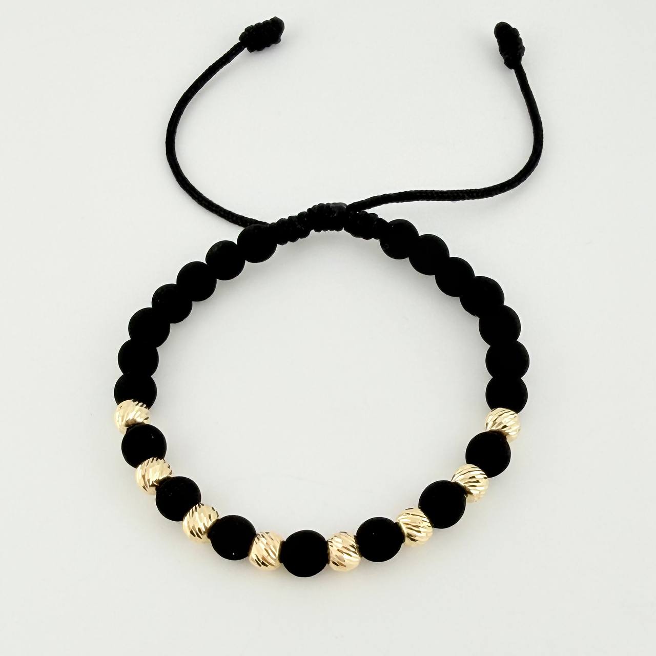Black Woven Bracelet Neoprene Diamond Cut Beads Yellow Gold 18K