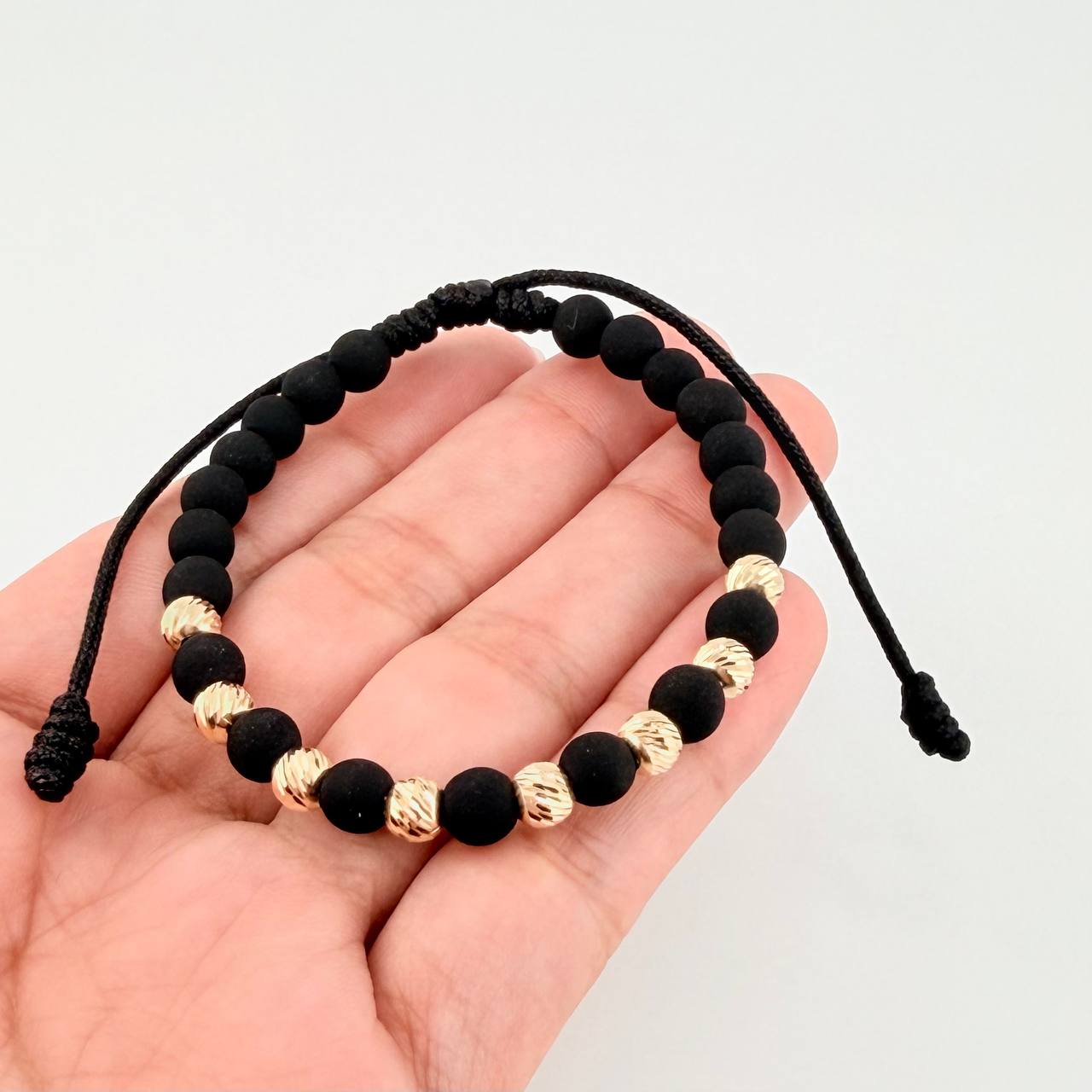 Black Woven Bracelet Neoprene Diamond Cut Beads Yellow Gold 18K