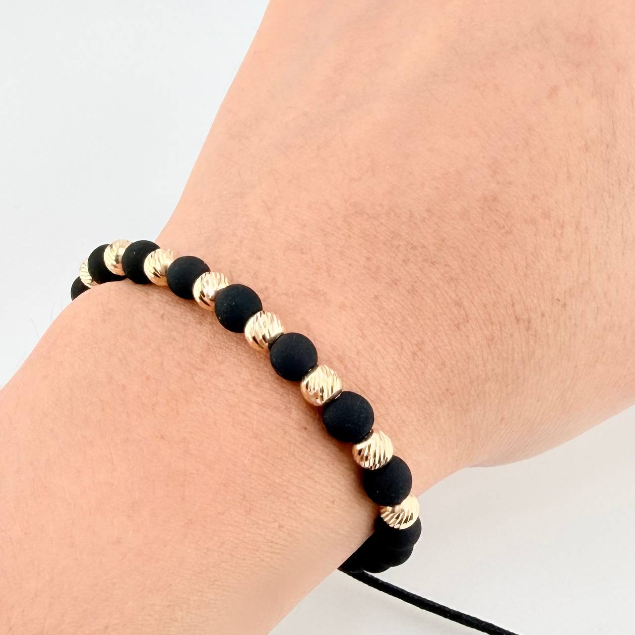 Black Woven Bracelet Neoprene Diamond Cut Beads Yellow Gold 18K