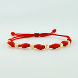 Pulsera Tejida Roja Siete Nudos Bolas Diamantadas Oro Amarillo 18K
