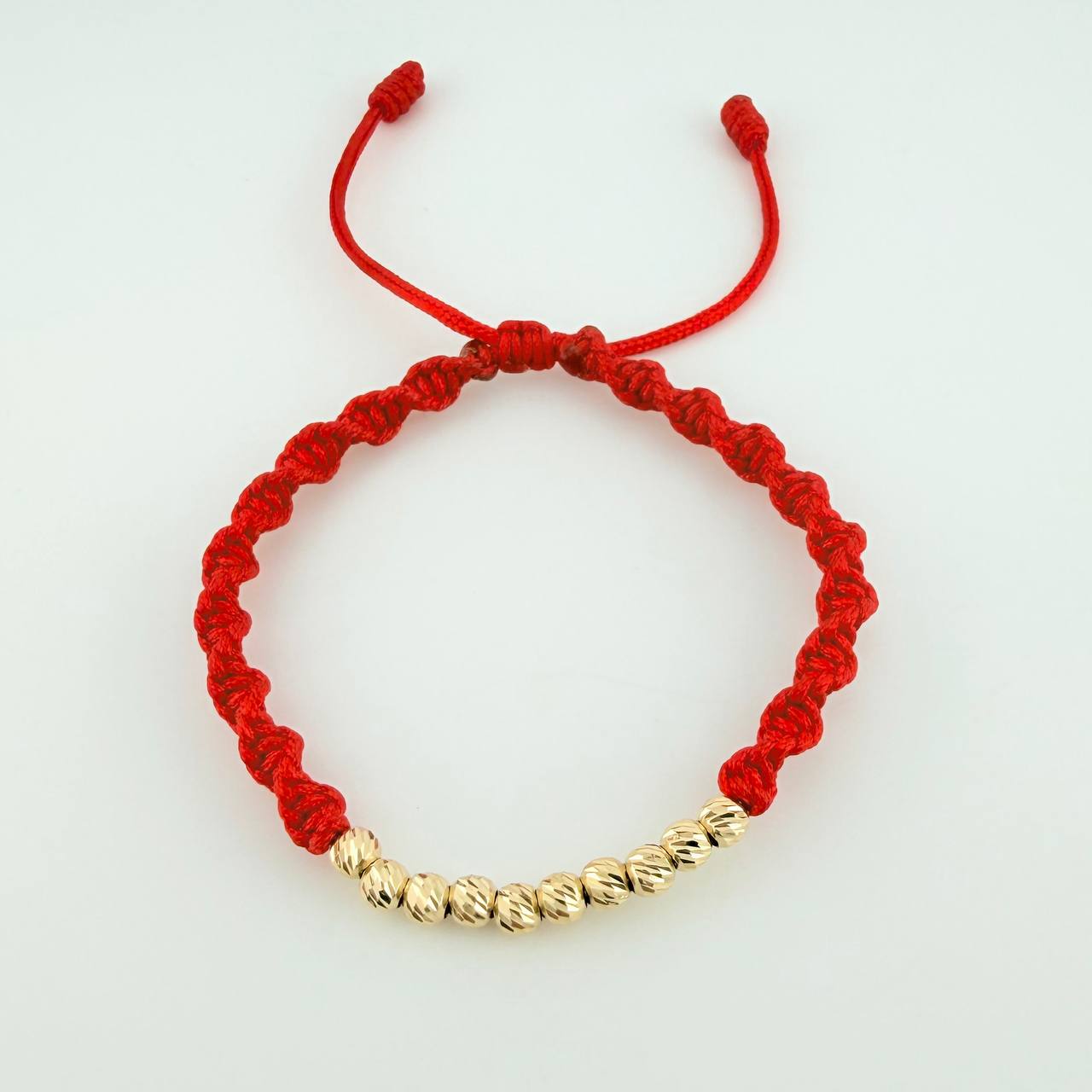 Red Woven Bracelet with Diamond Cut Beads in 18K Yellow Gold