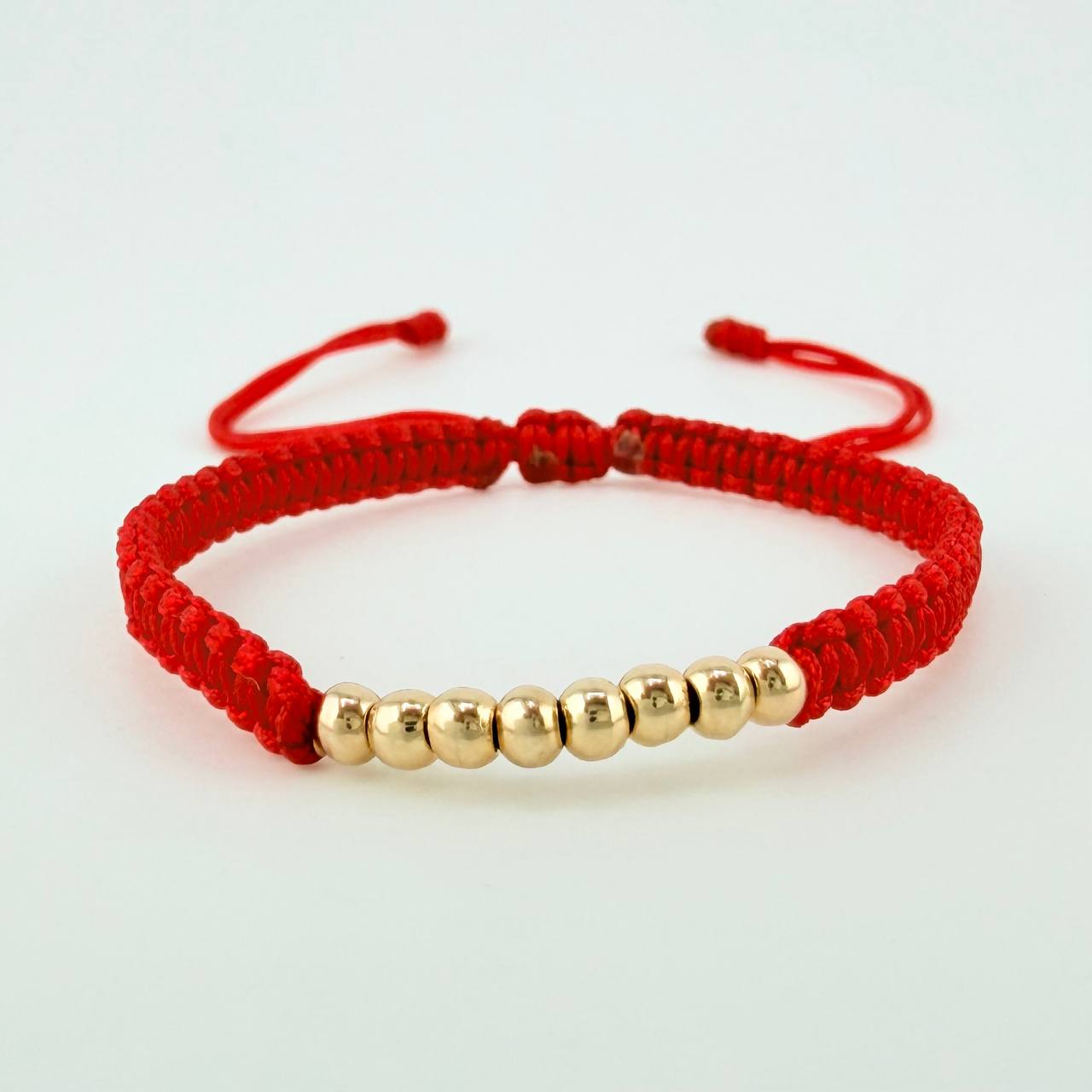 Pulsera Tejida Roja Bolas Lisas Oro Amarillo 18K