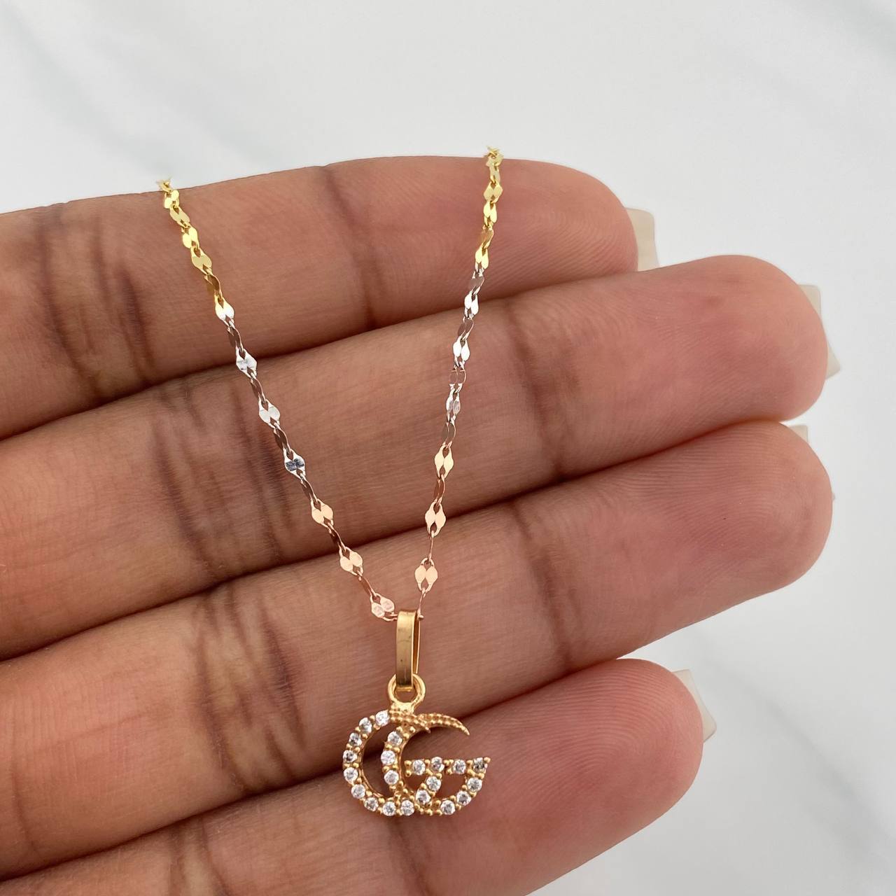 Set Mirror Flower Chain + Pendant Gg / 1.4gr / 17 3/4 in Three 18K Golds
