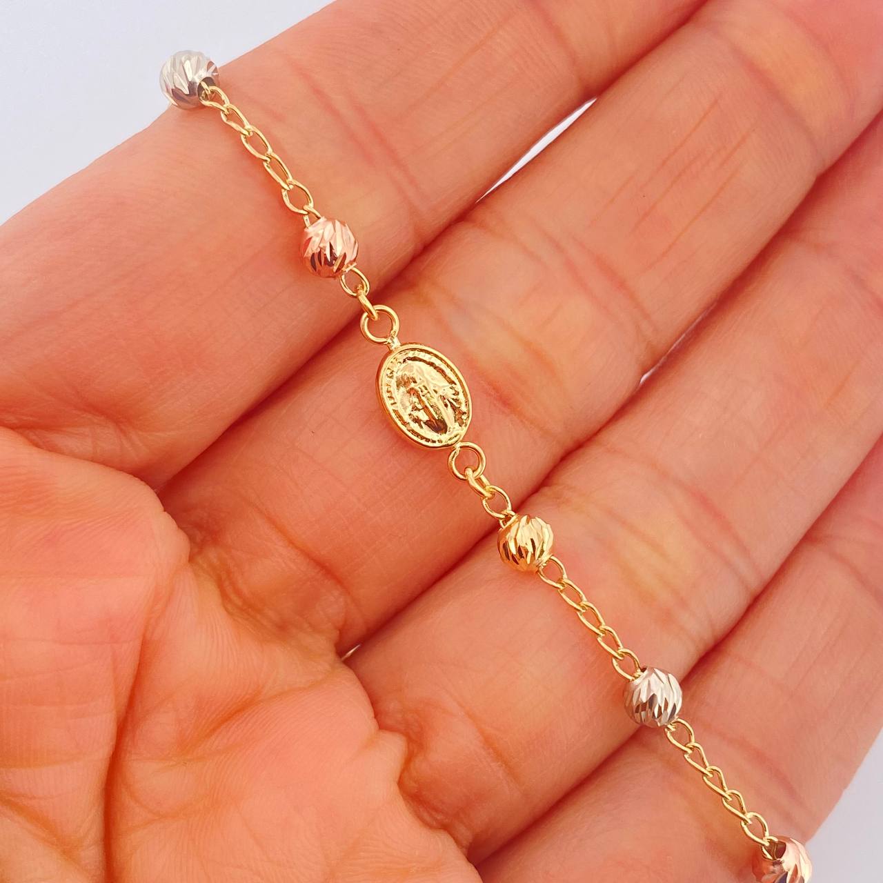 Denario Style Bracelet Miraculous Virgin 2.7gr / 7 1/2 in / 4mm Three Golds 18K %