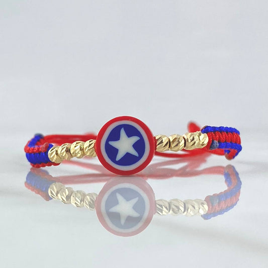 Pulsera Roja Escudo Estrella 3mm Bolas Diamantadas 8und Oro Amarillo 18K (A.C)