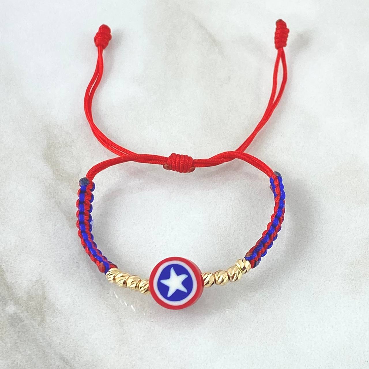 Pulsera Roja Escudo Estrella 3mm Bolas Diamantadas 8und Oro Amarillo 18K (A.C)