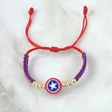 Pulsera Roja Escudo Estrella 3mm Bolas Diamantadas 8und Oro Amarillo 18K (A.C)