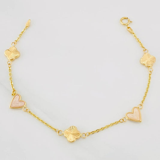 Pulso Aro Seguido Trebol Corazon 2.4g / 7 in / 0.96mm Oro Amarillo 18K