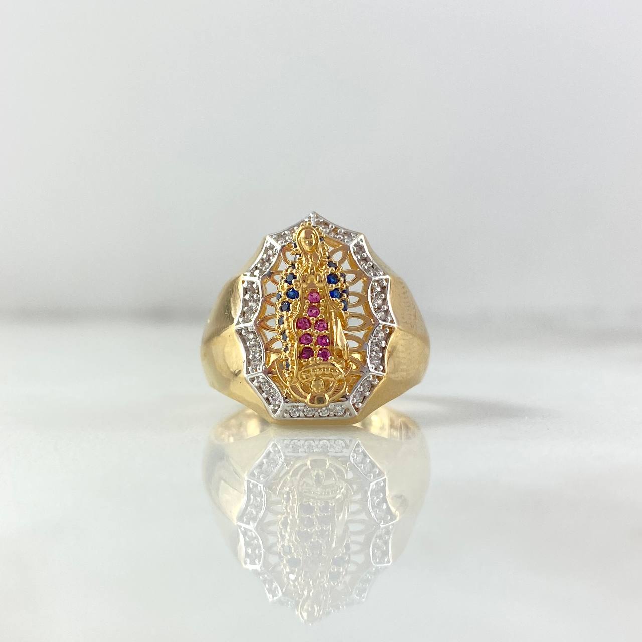 Anillo Virgen Guadalupe 8.1gr / T10 3/4 / Circones Blancos Azules Fucsia Oro Amarillo 18K
