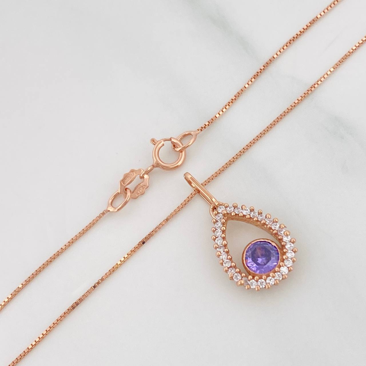 Set Cadena Veneciana + Dije Gota Halo / 2.25g / 18 in Oro Rosa 18K