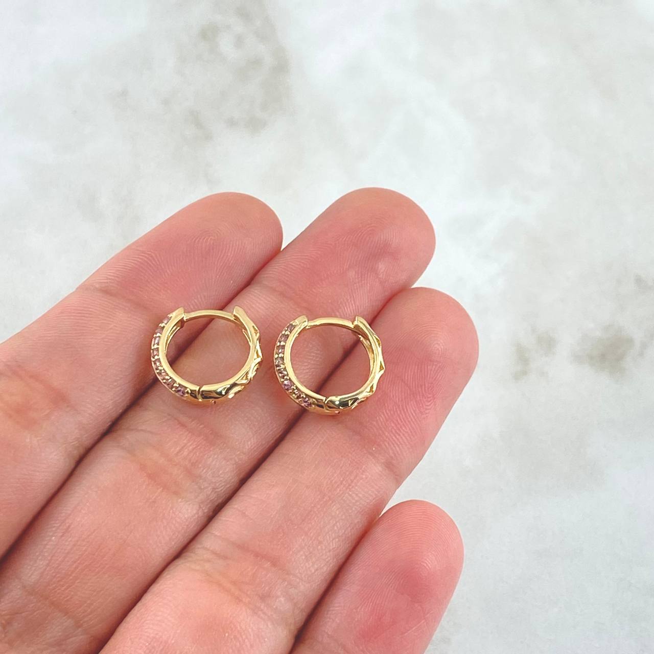 Hoop Earrings Double Track 2.2gr / 1.2cm / Lilac Zircons 18K Yellow Gold