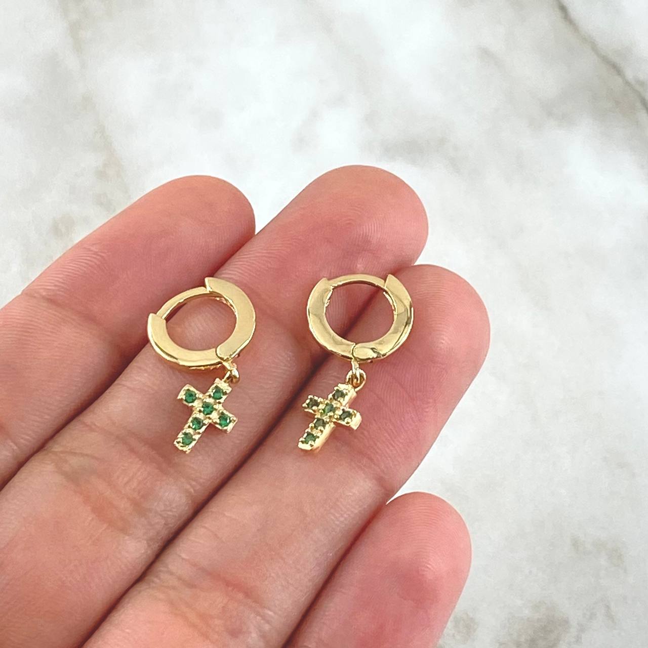 Hoop Earrings Cruz 2.65gr / 2.2cm / Green Zircons 18K Yellow Gold
