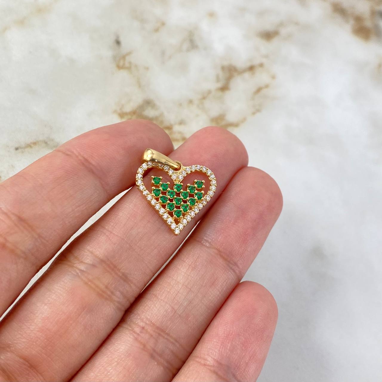 Pendant Heart 1.9gr / 2cm / White Green Zircons Yellow Gold ©