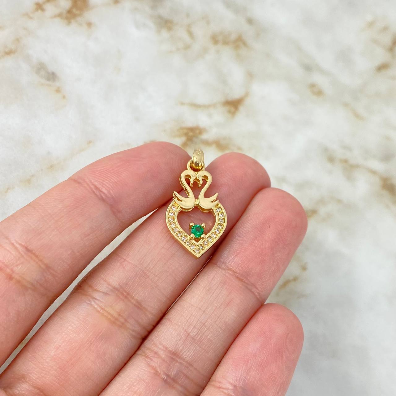 Pendant Swan Heart 2.1gr / 2.6cm / White Zircons Green Yellow Gold ©