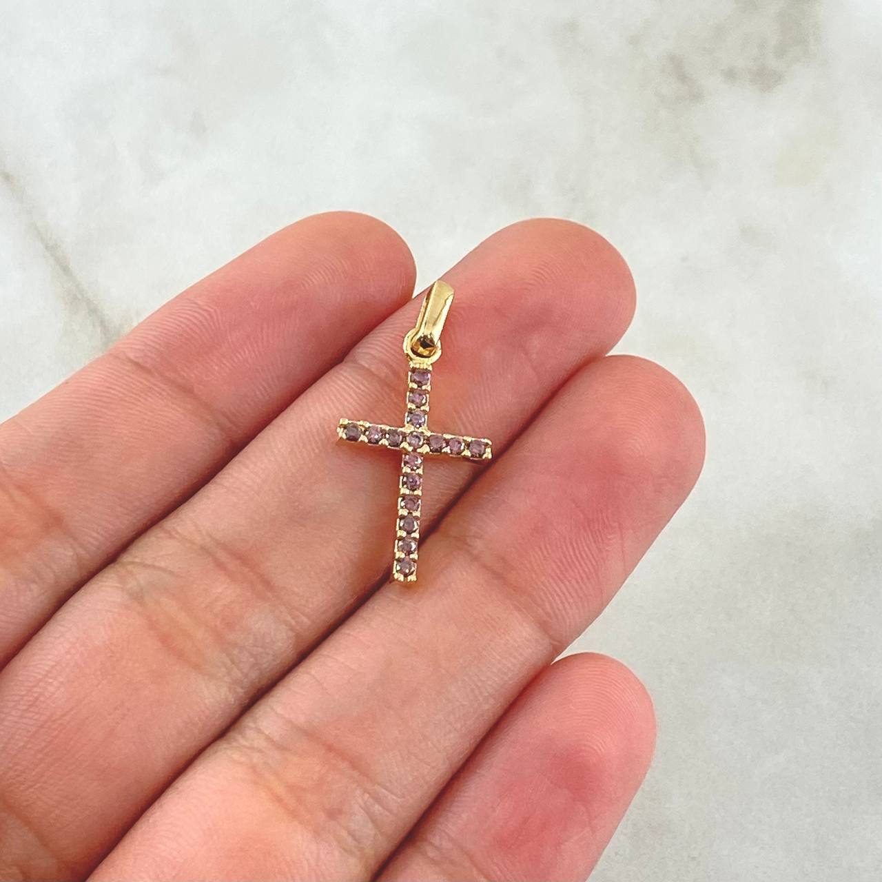 Pendant Double-Sided Cross 1.75gr / 2.5cm / White Zircons Lilac 18K Yellow Gold