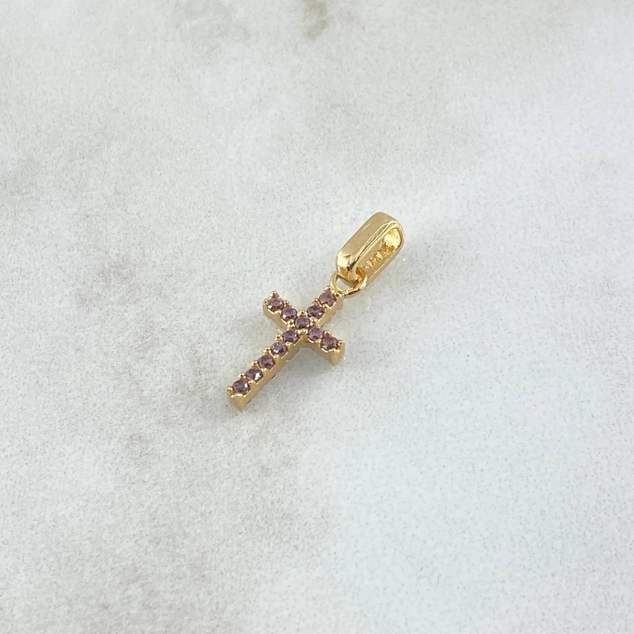 Pendant Double-Sided Cross 1gr / 1.8cm / Lilac Zircons 18K Yellow Gold