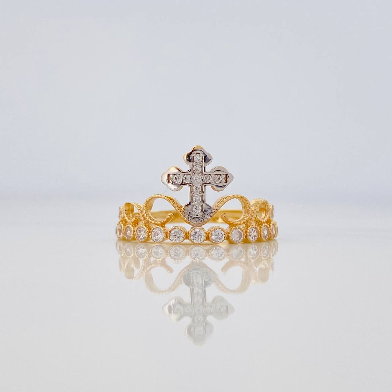 Anillo Corona Cruz 2.3 g / T6 1/2 Dos Oros Amarillo Blanco 18K