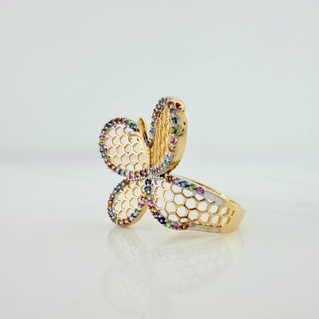 Anillo Mariposa Malla Exagonal 4.45gr / T6 1/2 / Dos Oros Amarillo Blanco 18K $