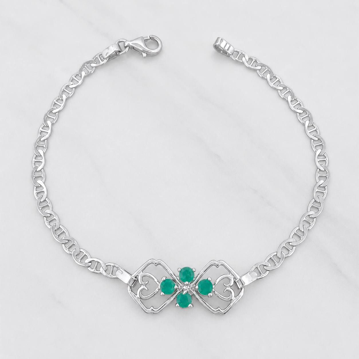 Bracelet Diamonds Hearts Emeralds 45pts 3.4g / 7 in / 3.1mm Silver 925
