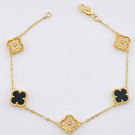 Pulso Trebol Negro Diamantado 8.3gr / 7 in / 9.2mm Oro Amarillo Nac.Esp. 18K *